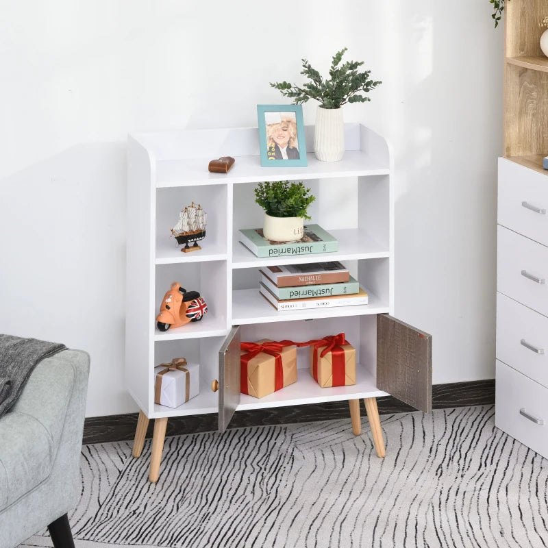 White Modern Multi-Shelf Bookcase with Cabinet - 6 Shelves, Wood Legs