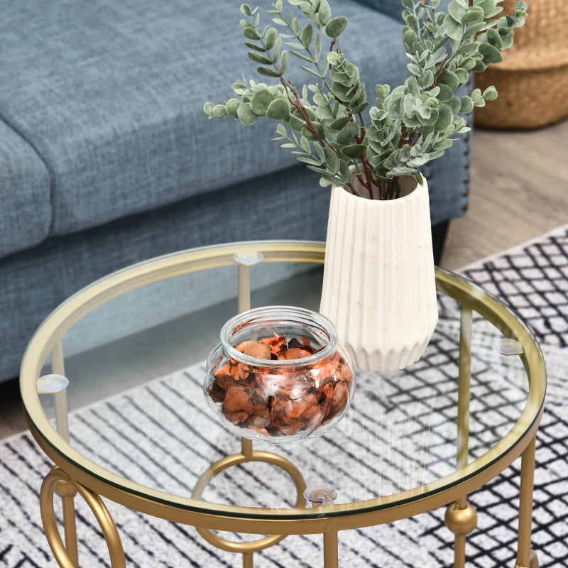 Gold Round Nesting Coffee Tables Set of 2 with Glass Top