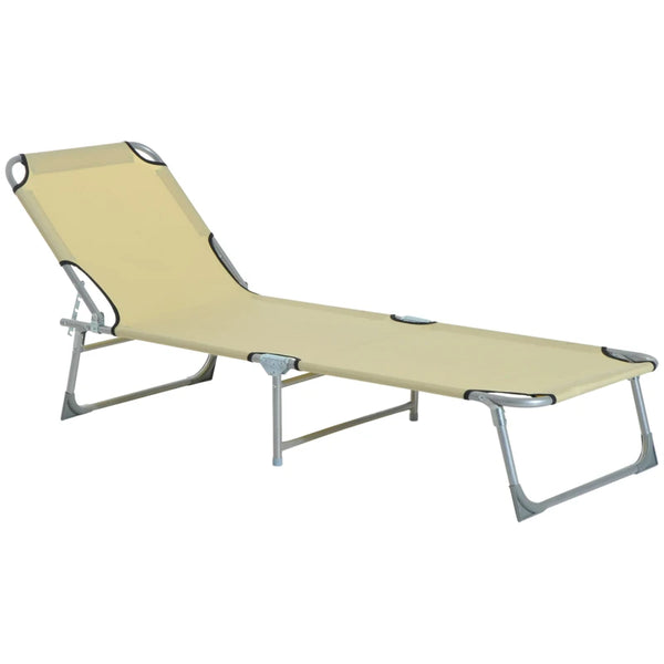 Beige Folding Reclining Sun Lounger Chair with Adjustable Backrest