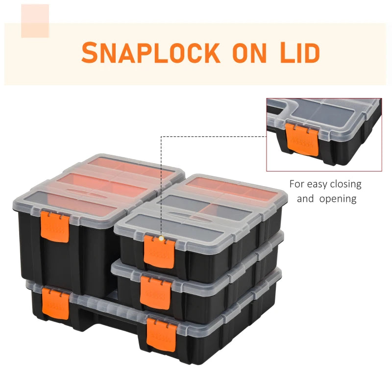 4-Piece Black and Orange Plastic Tool Storage Boxes with Dividers and Locking Lids