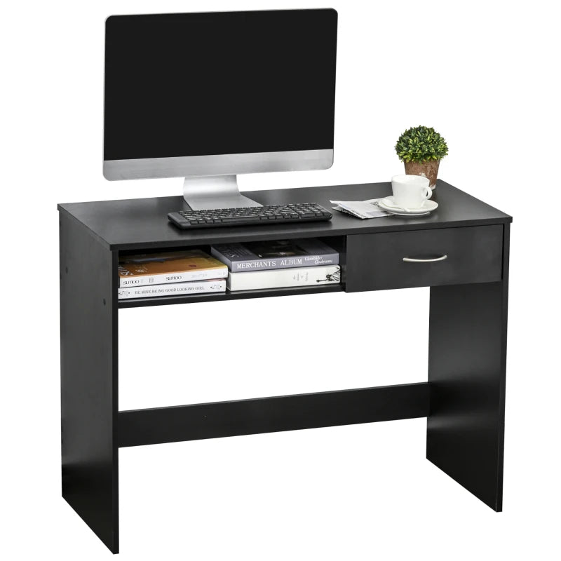 Black Compact Computer Desk with Drawer and Storage