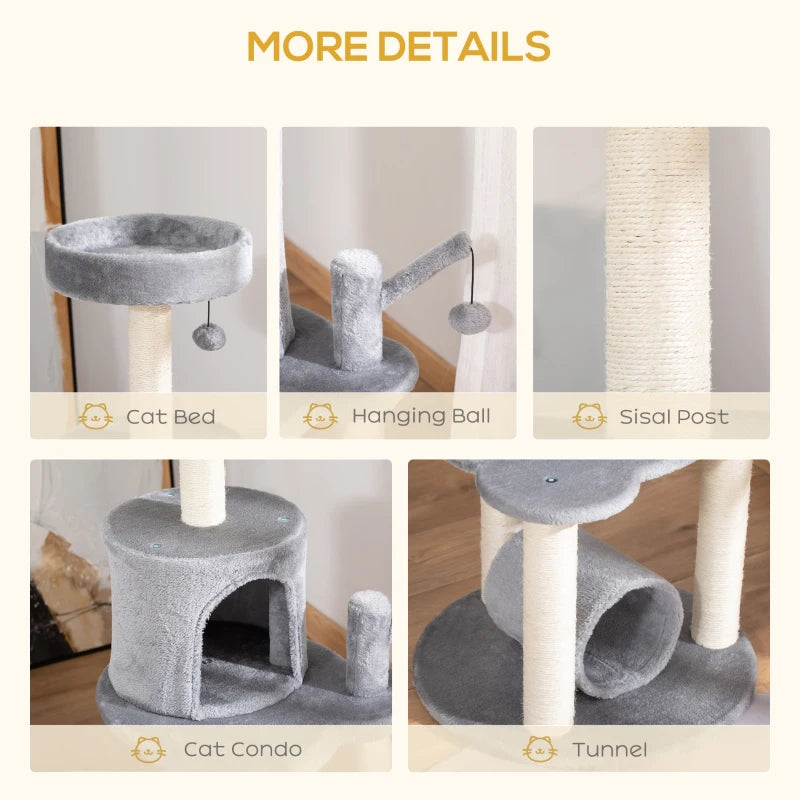 Grey Cat Climbing Tower with Scratching Post and Bed