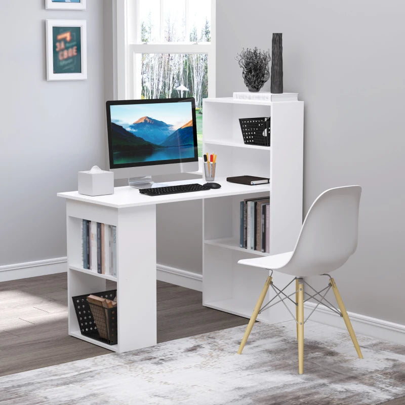 White 120cm Computer Desk with Bookshelf and 6 Shelves