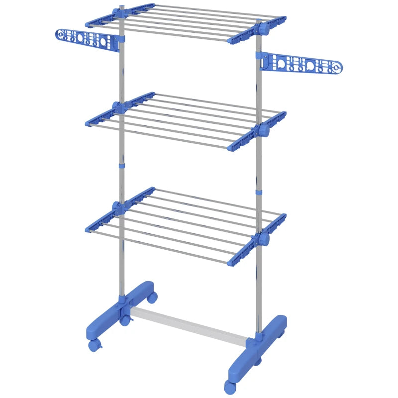 Blue Folding Clothes Drying Rack with Side Arms and Wheels