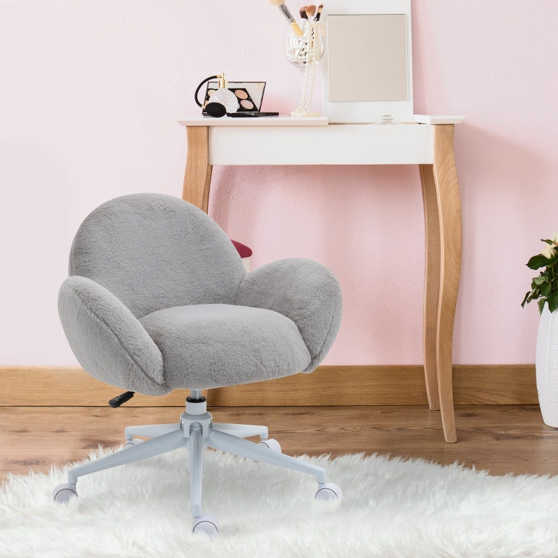 Grey Fluffy Rolling Desk Chair for Home Office or Bedroom