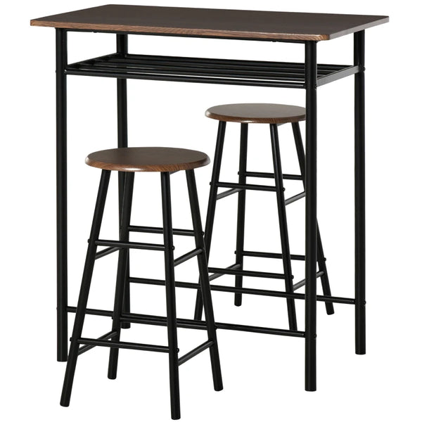 Black and Oak Bar Table Set with Footrest and Storage Shelf