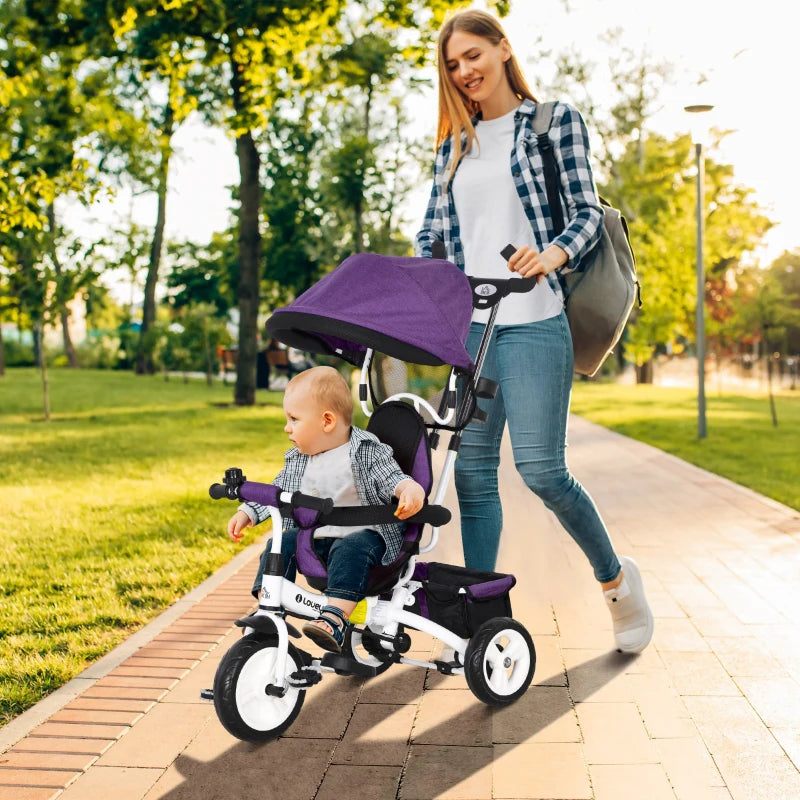 Purple 6-in-1 Kids Trike with Push Handle, Canopy, Safety Belt, Storage, Footrest, Brake