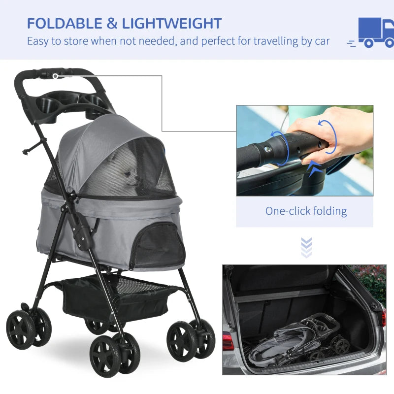 Grey Dog Stroller with Rain Cover, One-Click Fold, EVA Wheels, Safety Leash - Small Dog Pushchair