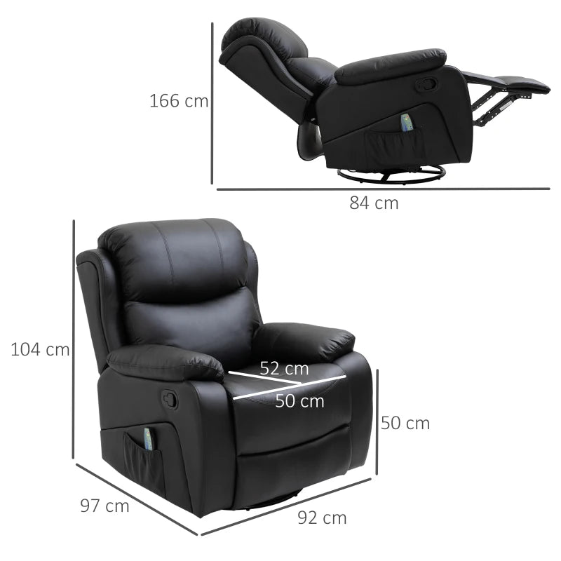 Black PU Leather Massage Recliner with Swivel Base and Heat