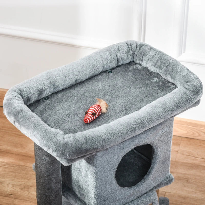 Grey Cat Tree Tower with Scratching Post and Toy Ball