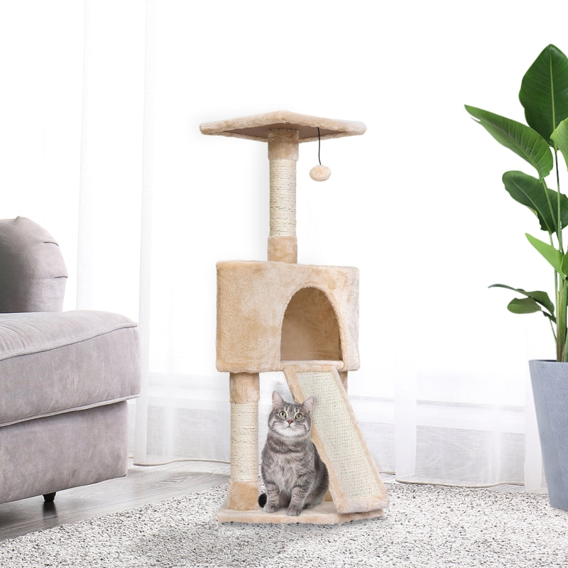 Beige Corner Cat Tree with Scratching Post and Toy