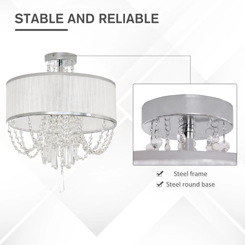 White Fabric Chandelier with Crystal Pendants for Home Decor