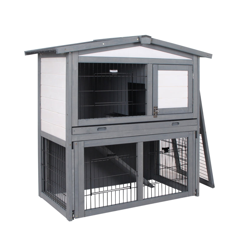 Grey 2 Tier Wooden Small Animal Hutch with Run and Ramp - 101.5 x 90 x 100 cm