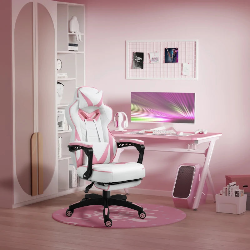 Pink Gaming Chair with Lumbar Support, Footrest, and Headrest