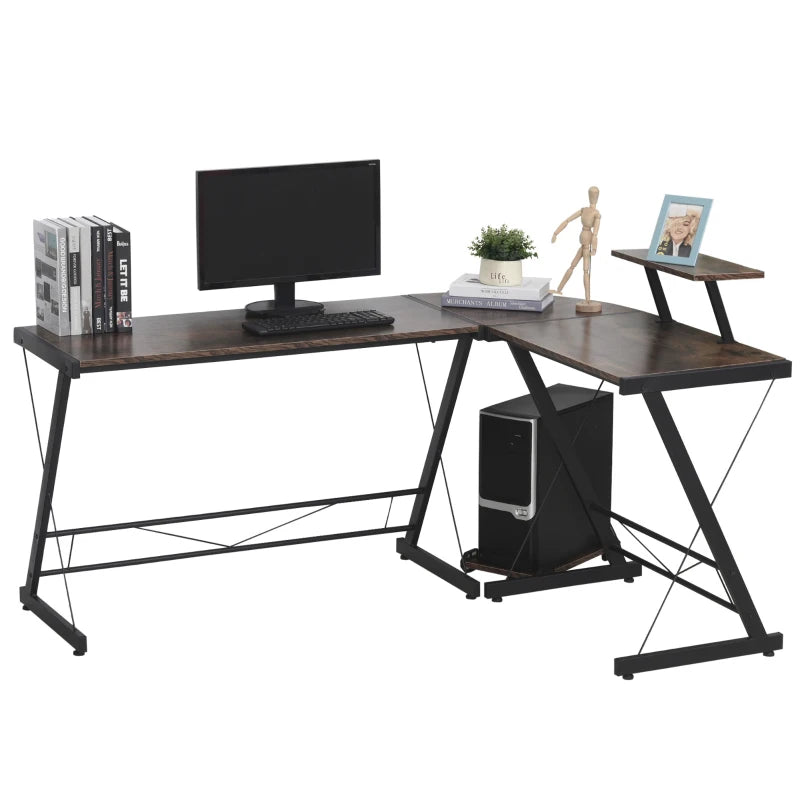 Rustic Brown and Black L-Shaped Computer Desk with Monitor and CPU Stand