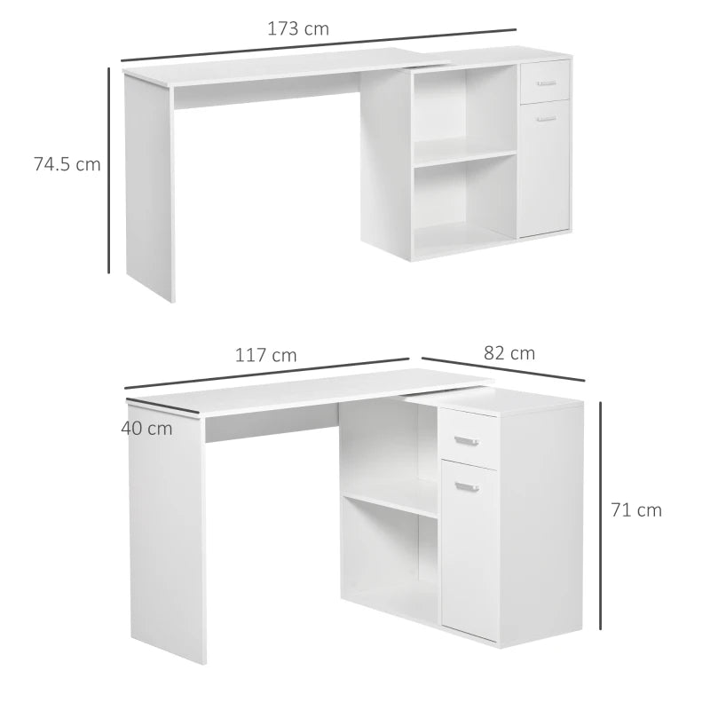 White L-Shaped Computer Desk with Storage Shelf and Drawer