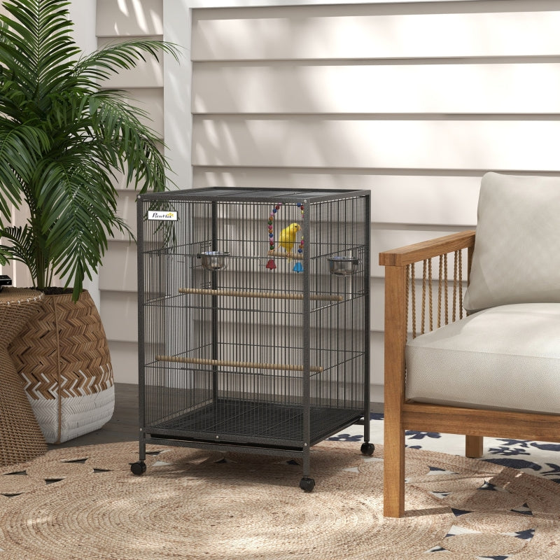 Grey Bird Cage with Rolling Stand for Small Birds