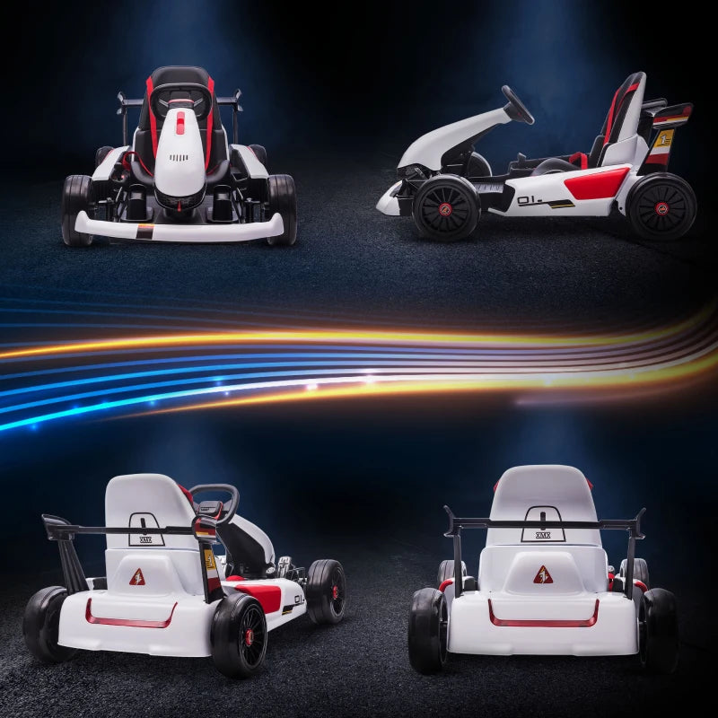 Electric Kids Go Kart - White, Adjustable Footrest, Reversing Steering, 12V Battery, 2 Speeds, Remote Control