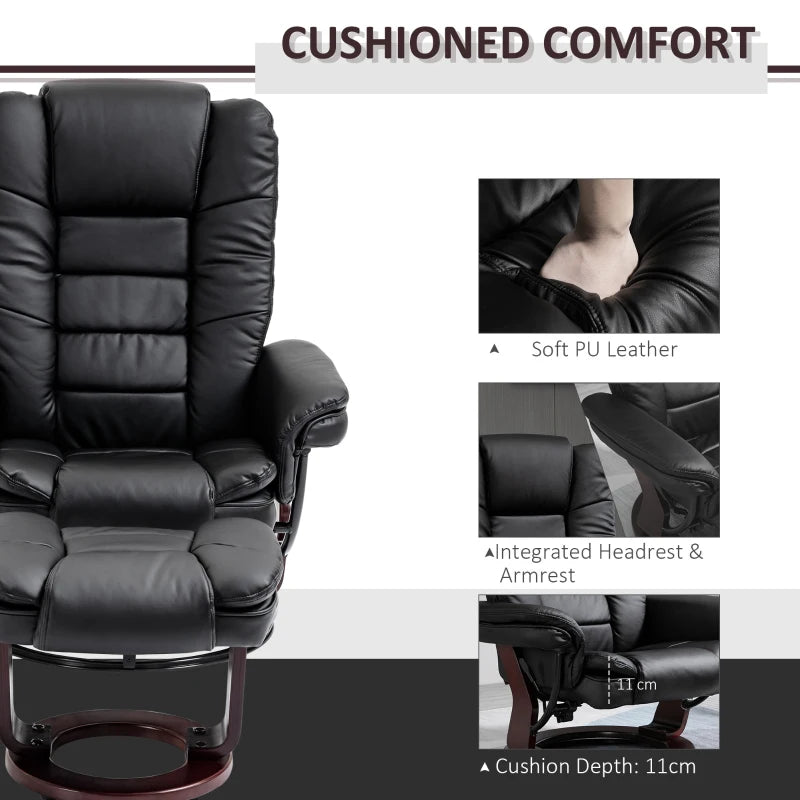 Black Manual Recliner with Footrest - PU Leather Lounge Chair