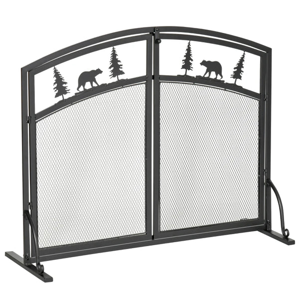 Black Metal Mesh Fire Guard with Double Doors and Tree Decoration