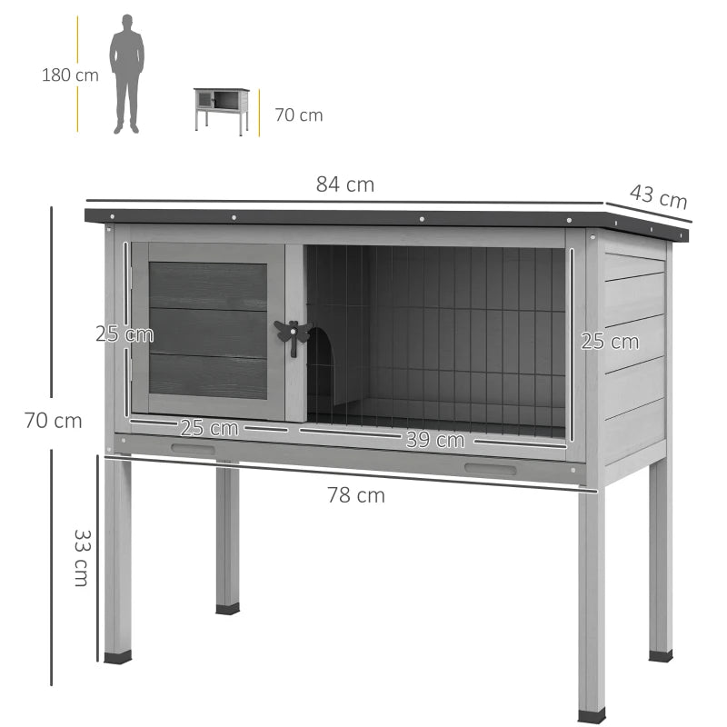 Grey Wooden Rabbit Hutch with Openable Roof - Indoor Outdoor Cage, 84 x 43 x 70 cm