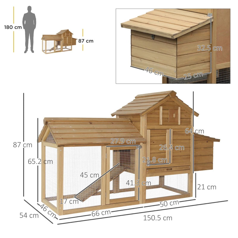 Small Wood Chicken Coop with Run and Nesting Box - 150.5 x 54 x 87cm, Natural