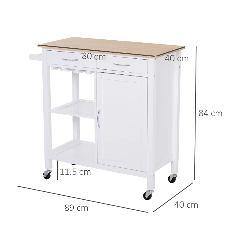 White Kitchen Storage Trolley Cart with Drawers and Wine Glass Rack