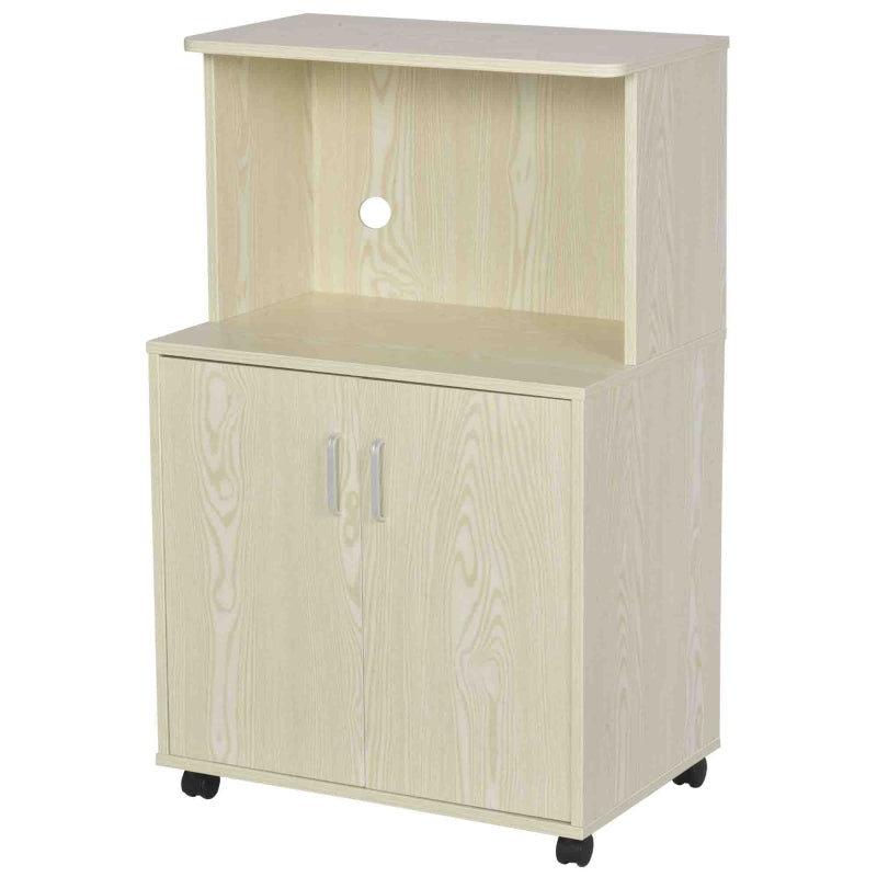 Oak Tone Kitchen Microwave Cart with Cabinet and Locking Wheels