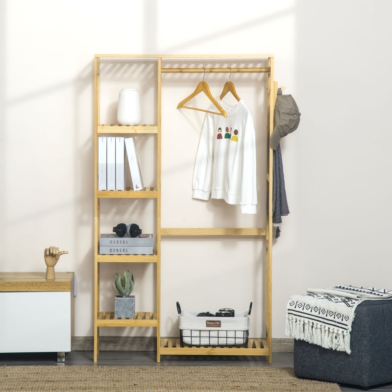 Natural Bamboo Garment Rack with Storage Shelf and Hanging Rail