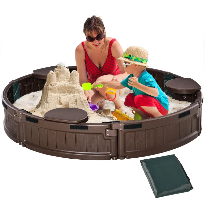 Brown Round Kids Sand Pit with Water-Resistant Cover