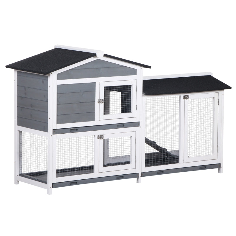 Grey 2-Tier Wooden Rabbit Hutch with Tray Ramp