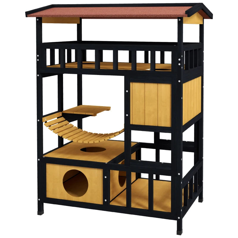 Wooden Cat House with Bridge & Balcony - 4-Tier Outdoor Design