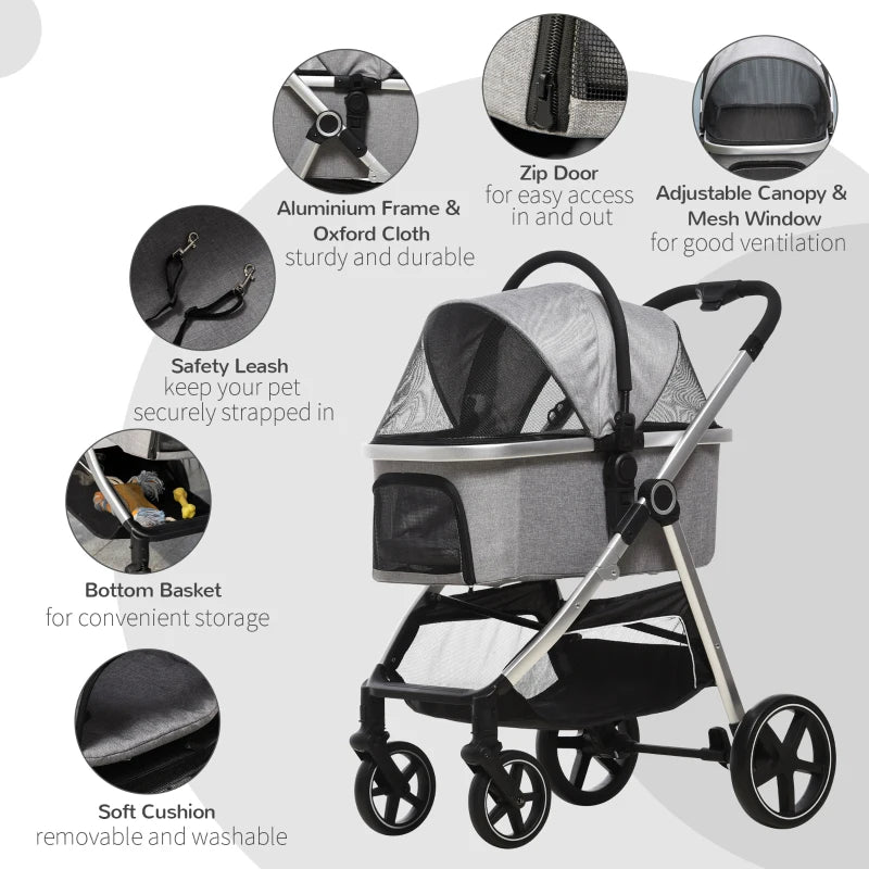 Foldable 3-in-1 Pet Stroller with Car Seat - Grey