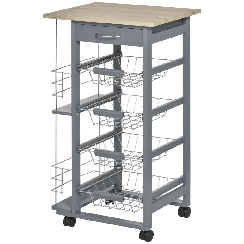 Grey Rolling Kitchen Cart with 4 Basket Drawers & Side Racks