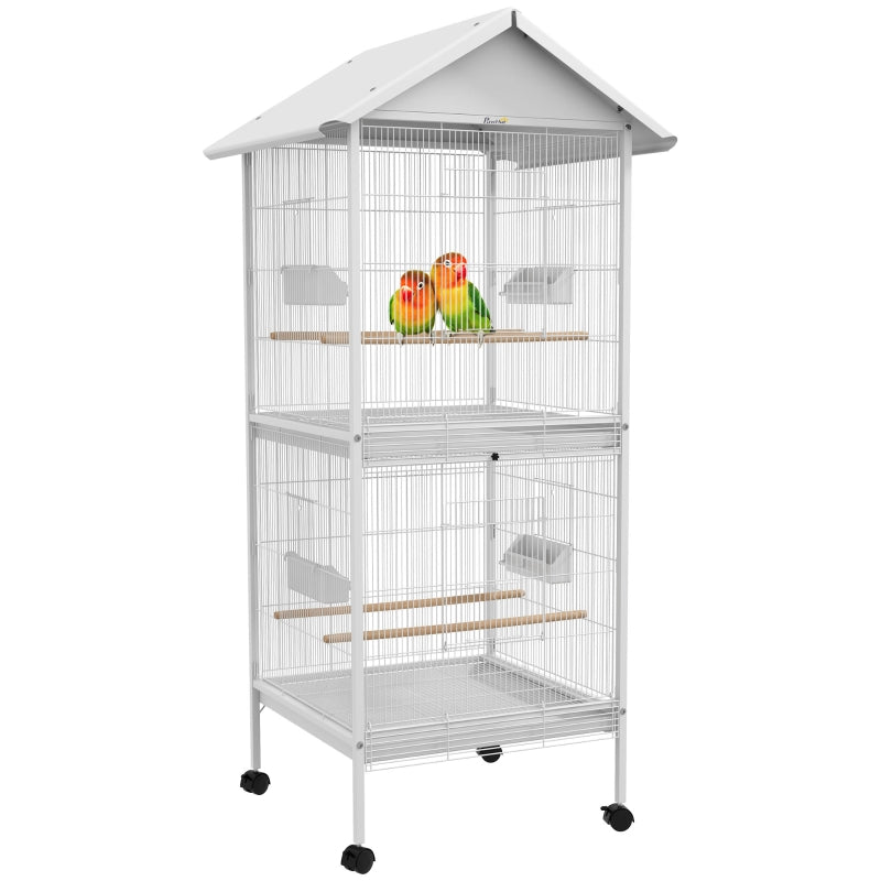 White Bird Cage with Stand, Perches & Wheels - Large Parrot Cage for Small Birds