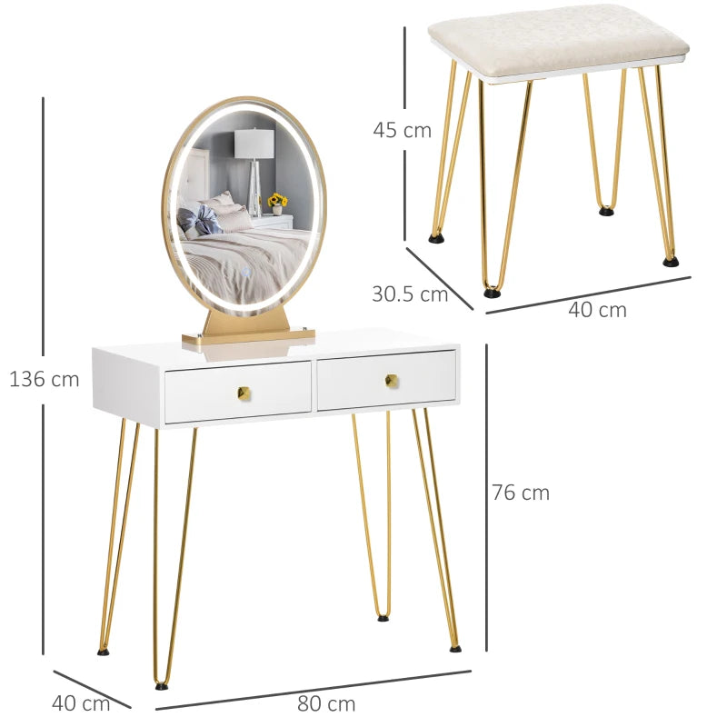 White Vanity Dressing Table Set with LED Light, Round Mirror, 2 Drawers, and Stool