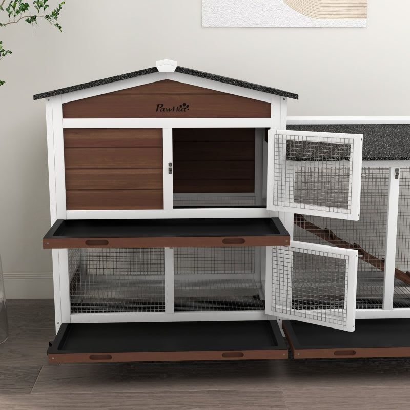 Brown Wooden Pet Hutch with Wheels - 2-Tier Run