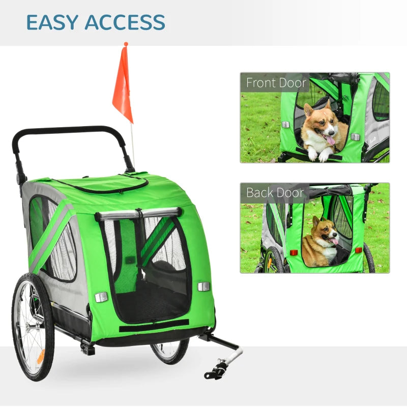 Green 2-In-1 Dog Bike Trailer & Pet Stroller with Reflectors