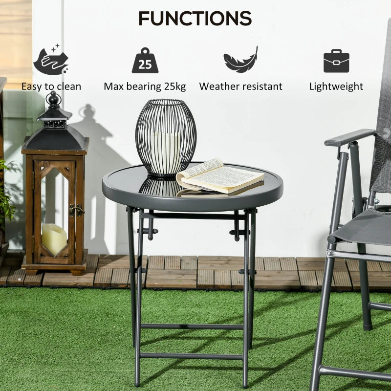 Black Round Outdoor Folding Patio Table with Imitation Marble Glass Top