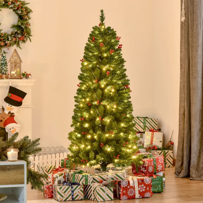 5FT Pre-lit Green Pencil Christmas Tree with Warm White LED Lights and Red Berries