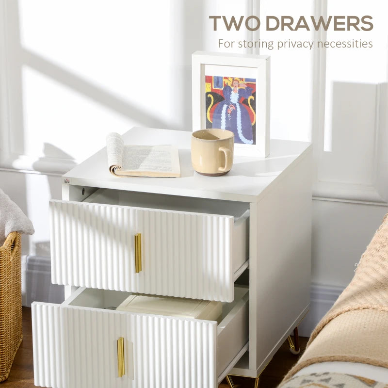 White 2-Drawer Metal Frame Bedside Table With Gold Legs