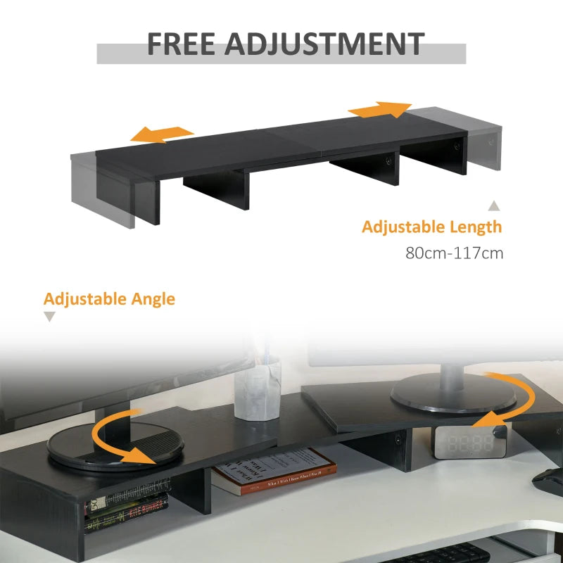 Adjustable Black Dual Monitor Riser Stand for Laptop, Computer, PC, Printer, TV