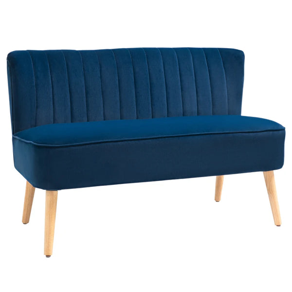 Blue Velvet Double Seat Sofa with High Back and Wood Frame