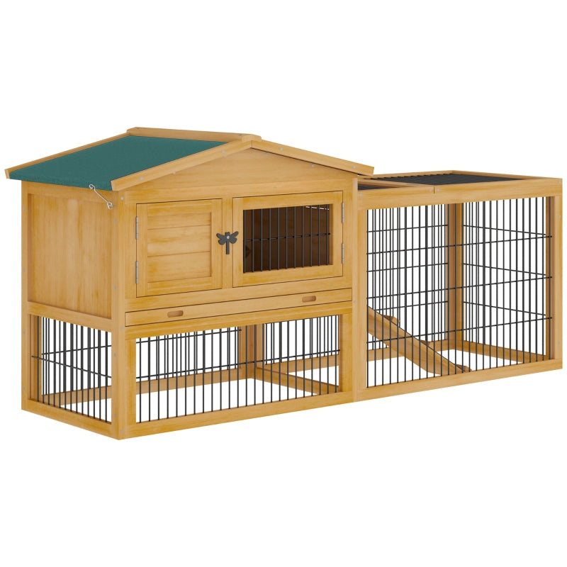 Yellow Outdoor Rabbit Hutch with Run, 2-Level Design, Water-Resistant Roof - 150 x 52.5 x 68 cm