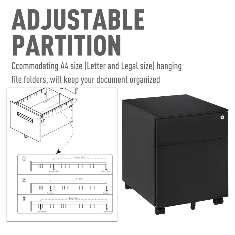 Black 2-Drawer Lockable Steel File Cabinet for A4/Letter/Legal Files