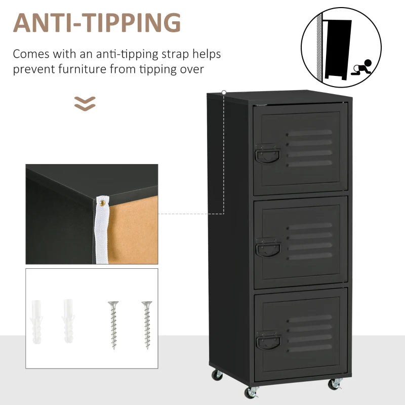 Black 3-Tier Rolling Metal Storage Cabinet with Wheels