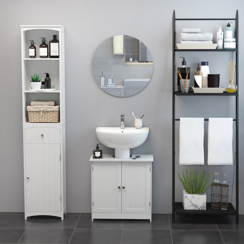 White Under Sink Bathroom Storage Cabinet - 2 Tier Wooden Vanity Unit