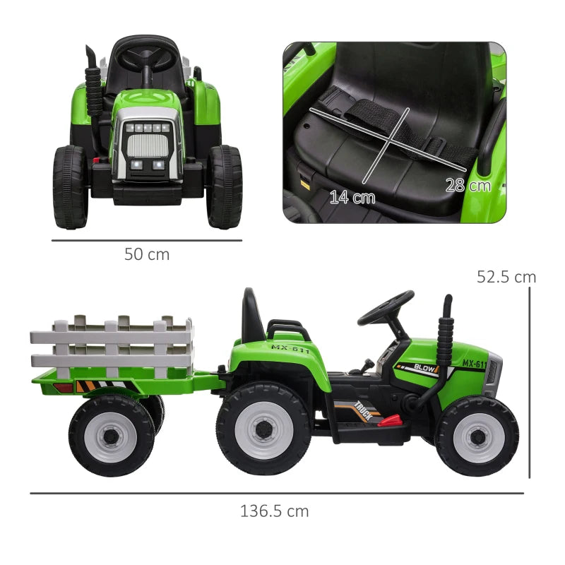 Green Electric Ride-On Tractor with Trailer & Remote Control