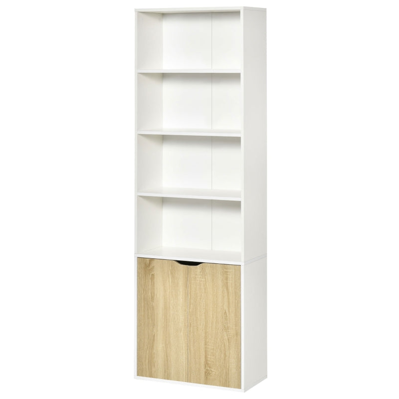 6-Tier White and Oak Bookcase with Double Door Cabinet