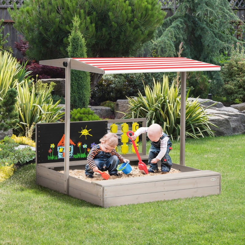 Grey Kids Wooden Sandpit with Canopy and Seats for Gardens